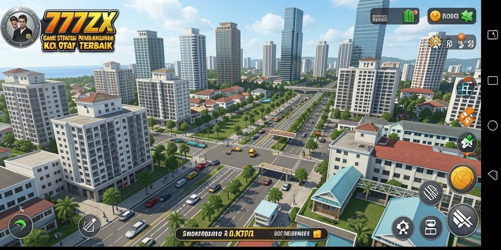 Tampilan gameplay 777ZX dengan strategi pembangunan kota.
