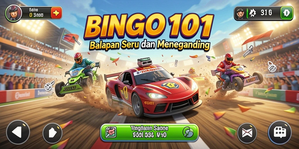 Tampilan gameplay BINGO101 menunjukkan aksi balapan yang seru dan kompetitif.