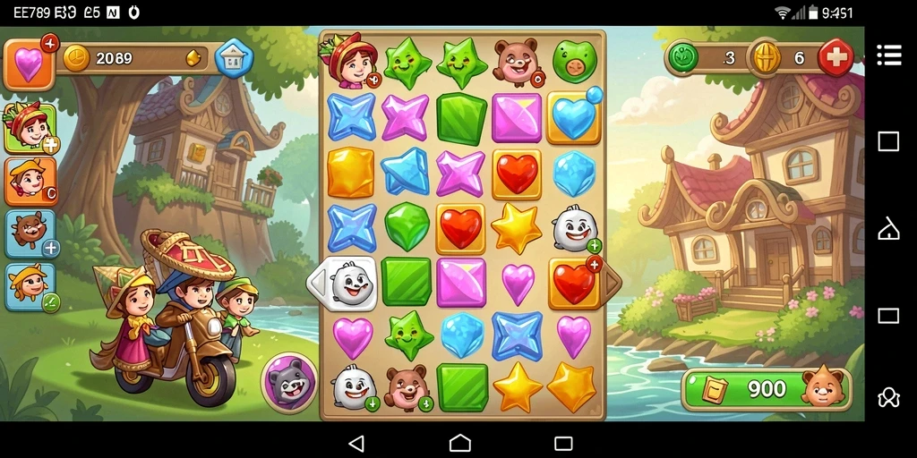 Screenshot gameplay EE789 yang menunjukkan keseruan mencocokkan objek match-3.