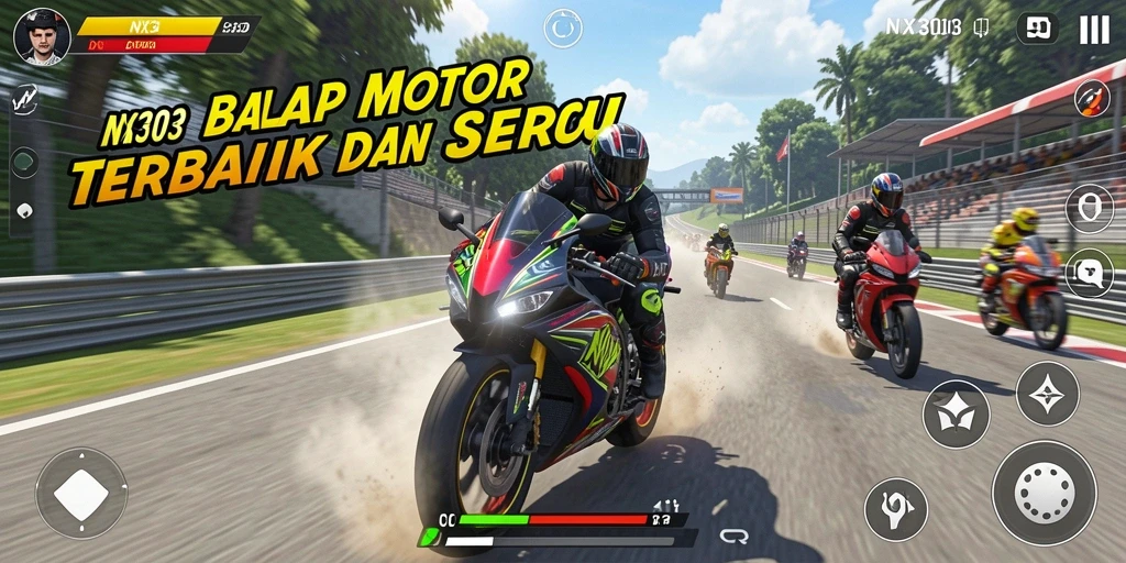 Screenshot gameplay NX303 menunjukkan balapan motor yang intens dan menegangkan.