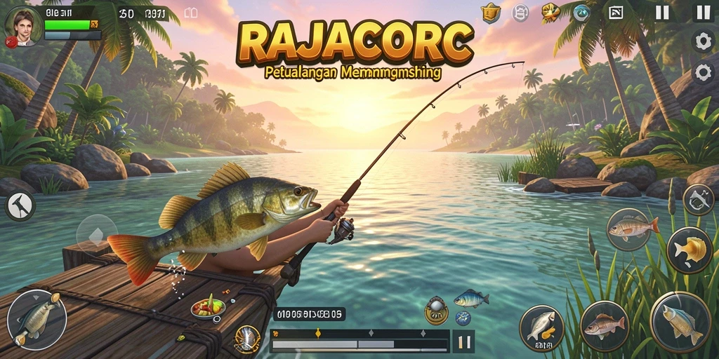 Screenshot gameplay RAJACORC yang menampilkan aksi memancing yang seru.