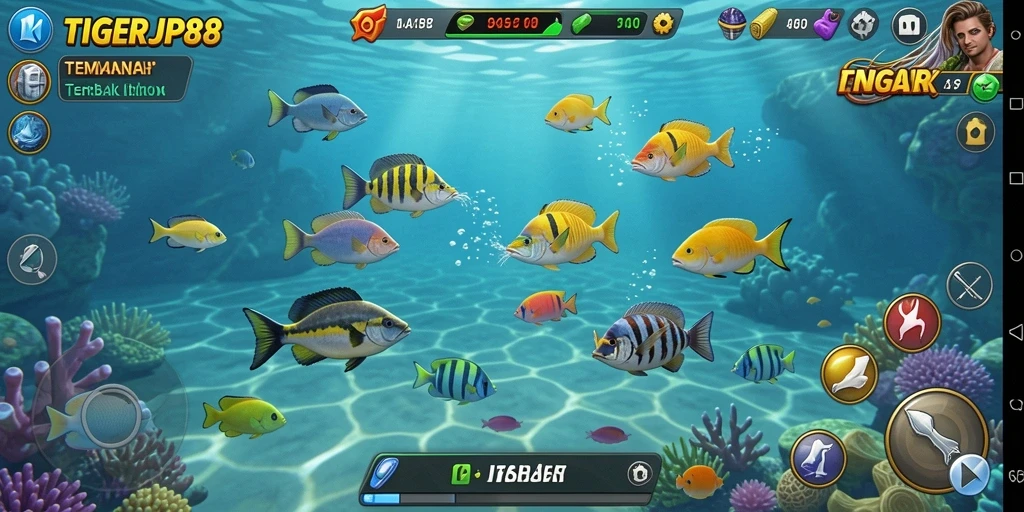 Screenshot gameplay TIGERJP88 menampilkan aksi menembak ikan.